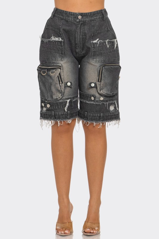 Athina Utility-Chic Frayed Denim Cargo Shorts