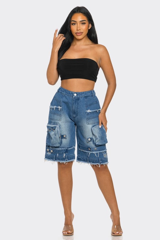 Athina Utility-Chic Frayed Denim Cargo Shorts