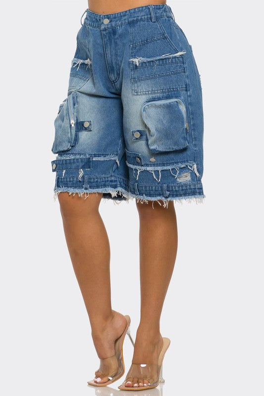 Athina Utility-Chic Frayed Denim Cargo Shorts