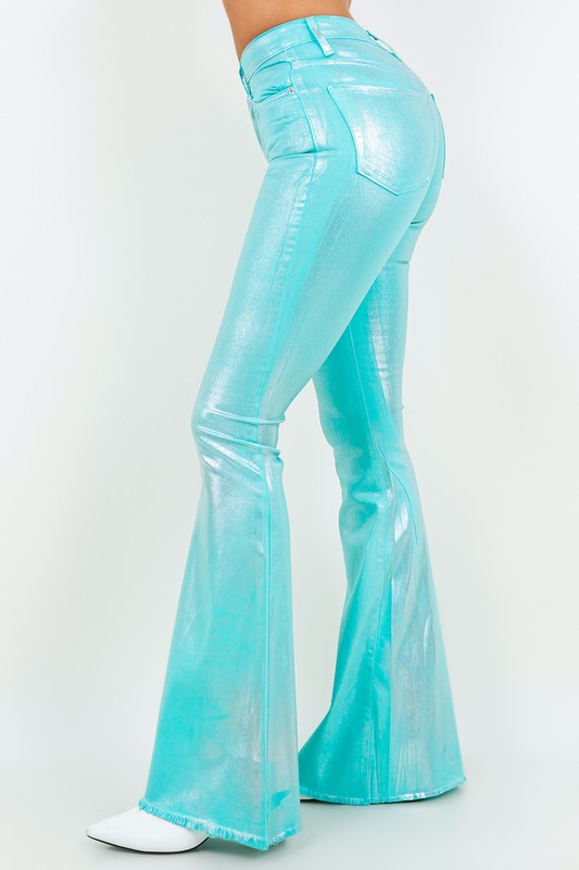 GJG Denim Metallic Bell Bottom Jeans in Turquoise