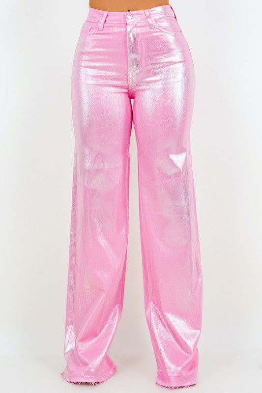 GJG Denim Metallic Wide Leg Jeans in Pink