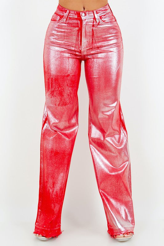 GJG Denim Metallic Wide Leg Jeans in Red