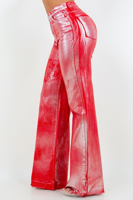 GJG Denim Metallic Wide Leg Jeans in Red