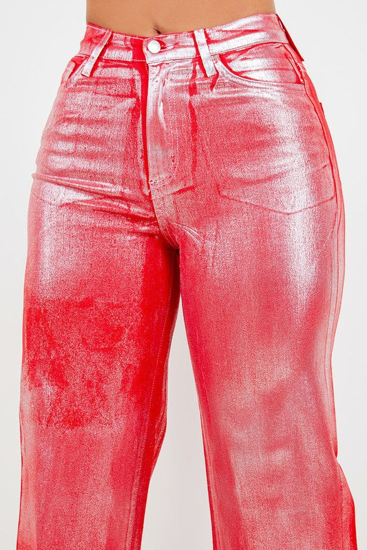 GJG Denim Metallic Wide Leg Jeans in Red