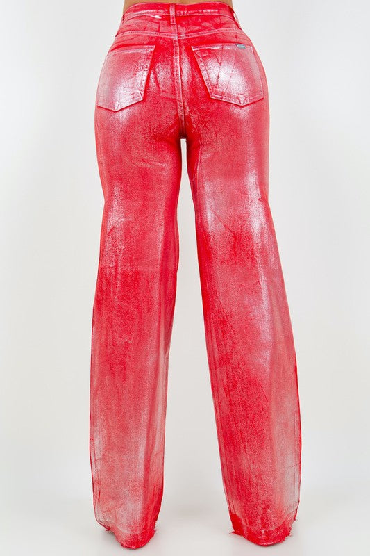 GJG Denim Metallic Wide Leg Jeans in Red