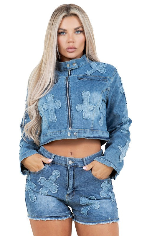 BY CLAUDE TWO PIECE CROP DENIM JACKET & SHORTS SET IN 2 COLORS