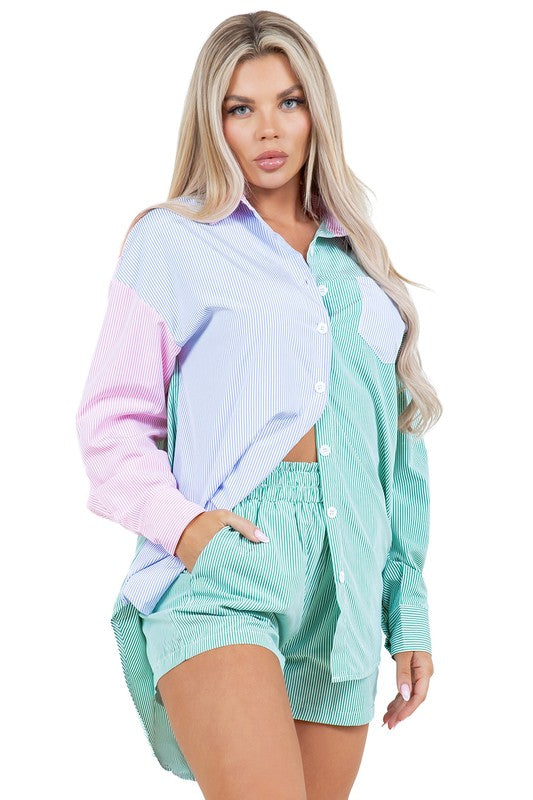 BY CLAUDE TWO PIECE LONG SLEEVE SHIRT AND SHORTS LOUNGE SET