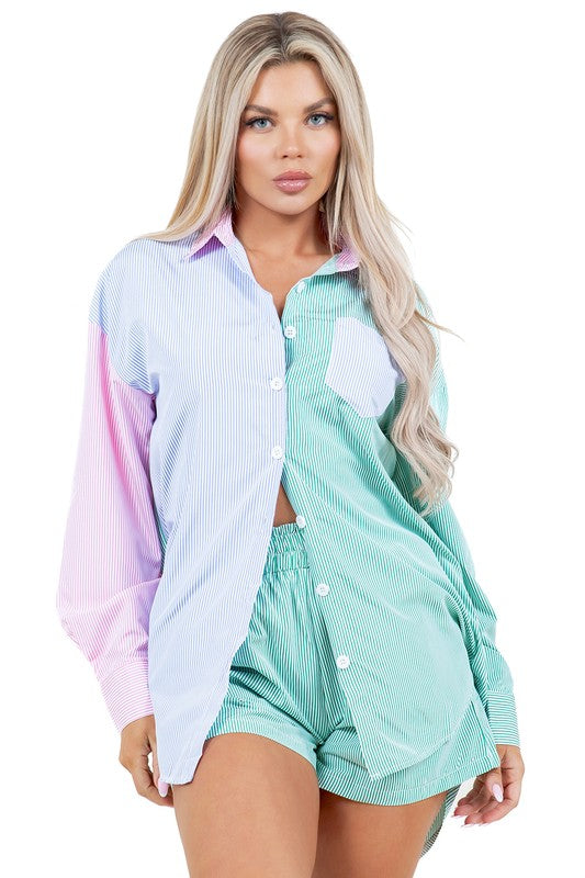 BY CLAUDE TWO PIECE LONG SLEEVE SHIRT AND SHORTS LOUNGE SET