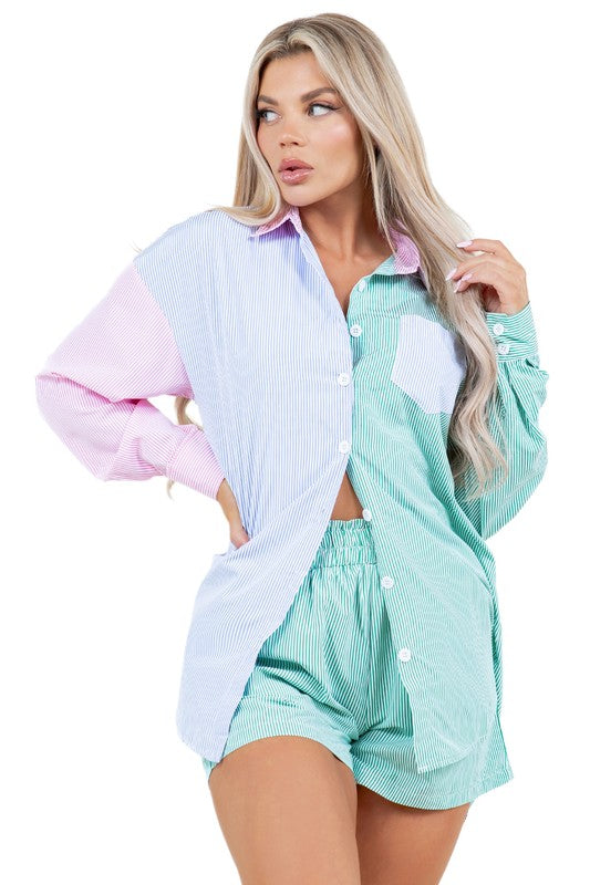 BY CLAUDE TWO PIECE LONG SLEEVE SHIRT AND SHORTS LOUNGE SET