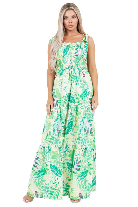 BY CLAUDE PRINTED TIE SHOULDER MAXI DRESS