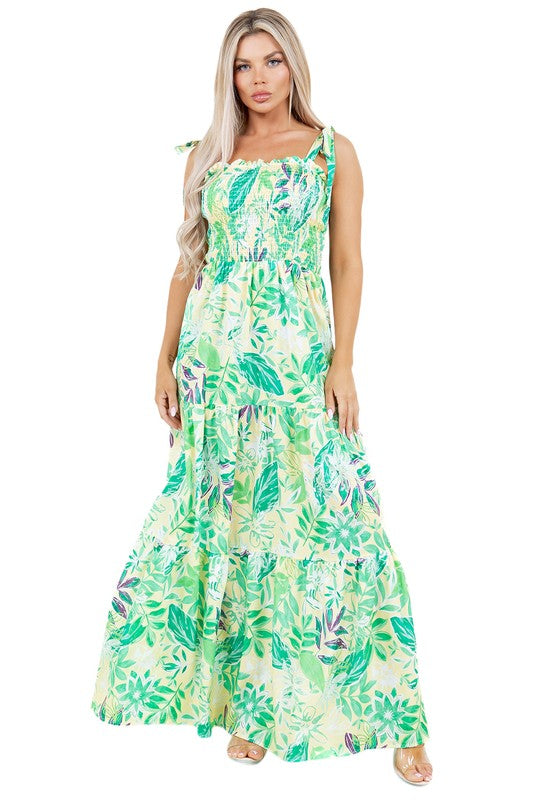 BY CLAUDE PRINTED TIE SHOULDER MAXI DRESS