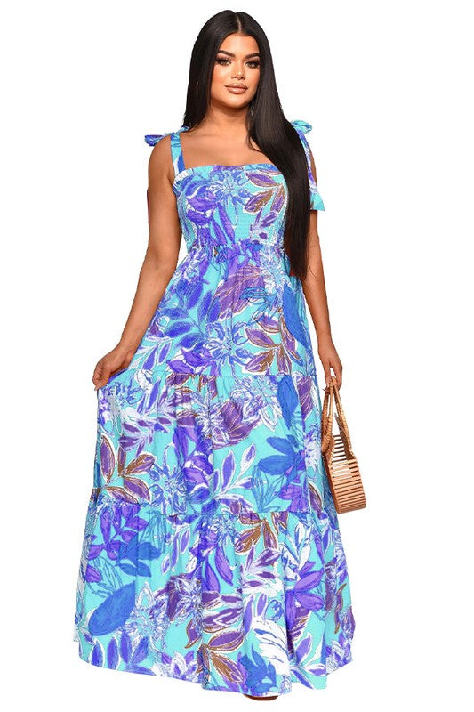 BY CLAUDE PRINTED TIE SHOULDER MAXI DRESS