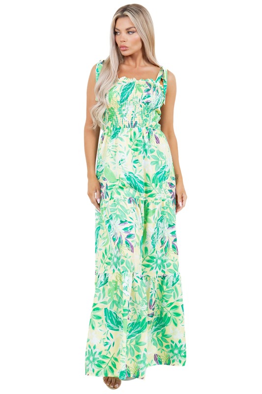 BY CLAUDE PRINTED TIE SHOULDER MAXI DRESS