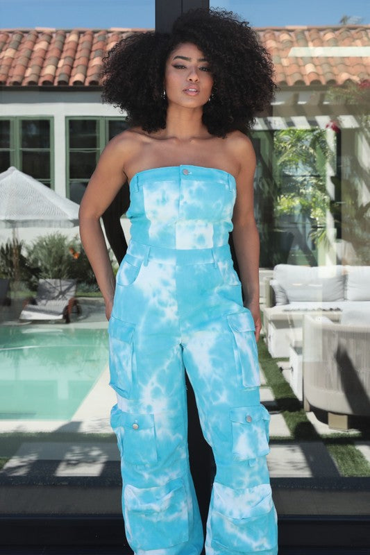 Athina Tie Dye Strapless Utility Jumpsuit in Sky Blue Print