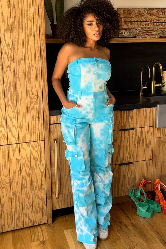 Athina Tie Dye Strapless Utility Jumpsuit in Sky Blue Print