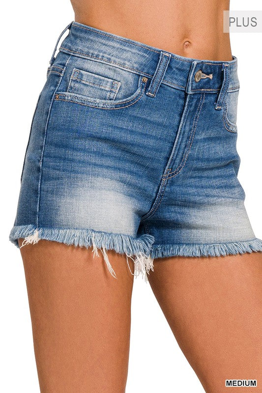 Zenana Plus Raw Hem Distressed Denim Shorts