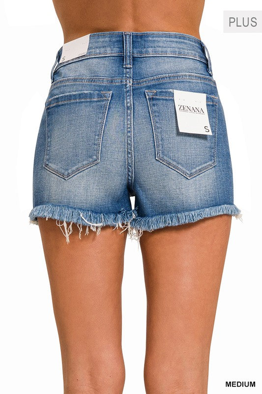 Zenana Plus Raw Hem Distressed Denim Shorts