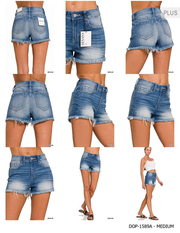 Zenana Plus Raw Hem Distressed Denim Shorts