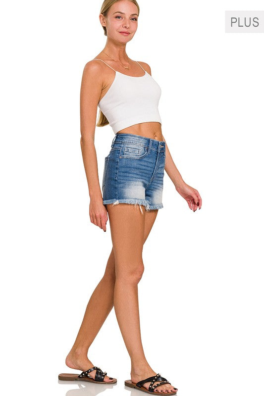 Zenana Plus Raw Hem Distressed Denim Shorts