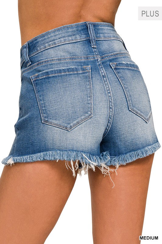 Zenana Plus Raw Hem Distressed Denim Shorts