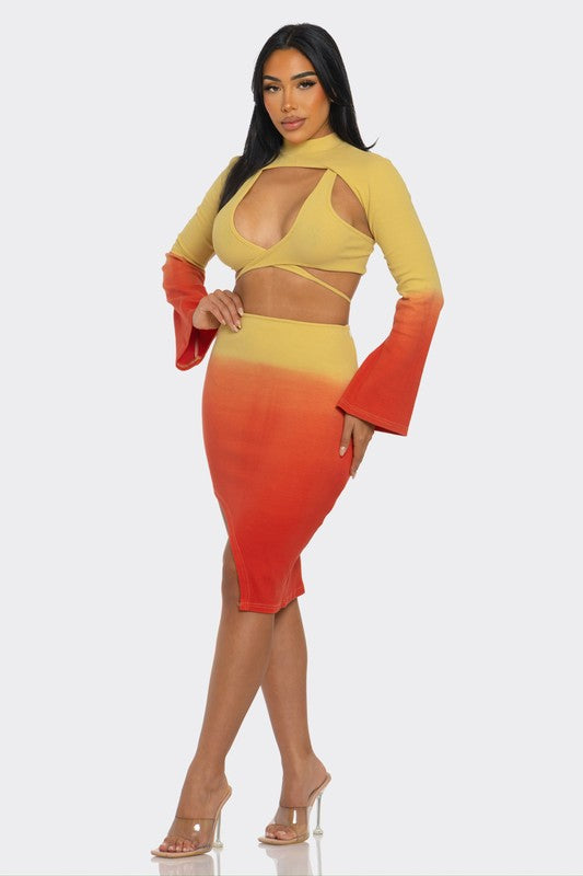 ATHINA Sunset Aura 3 Piece Cutout Long Sleeve Crop Top and Skirt Set