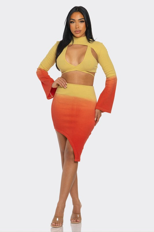 ATHINA Sunset Aura 3 Piece Cutout Long Sleeve Crop Top and Skirt Set