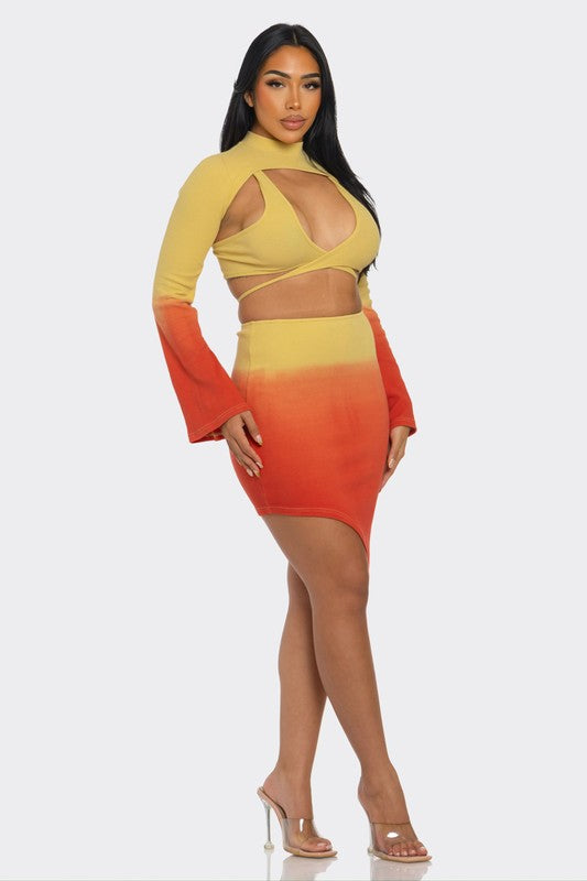 ATHINA Sunset Aura 3 Piece Cutout Long Sleeve Crop Top and Skirt Set