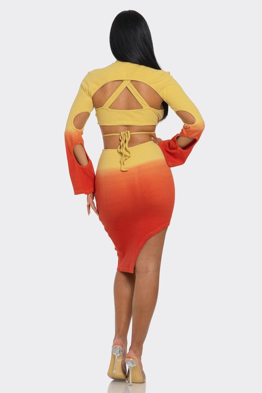 ATHINA Sunset Aura 3 Piece Cutout Long Sleeve Crop Top and Skirt Set