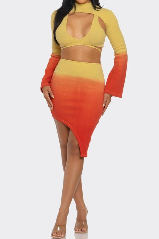 ATHINA Sunset Aura 3 Piece Cutout Long Sleeve Crop Top and Skirt Set