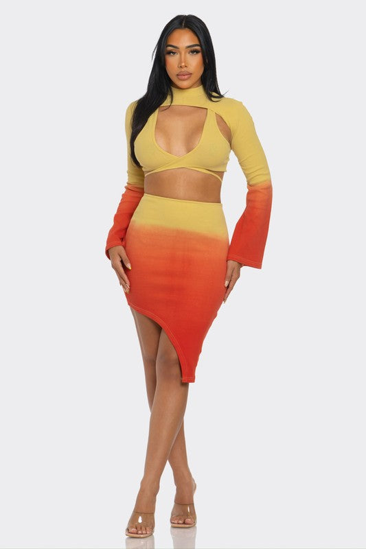 ATHINA Sunset Aura 3 Piece Cutout Long Sleeve Crop Top and Skirt Set