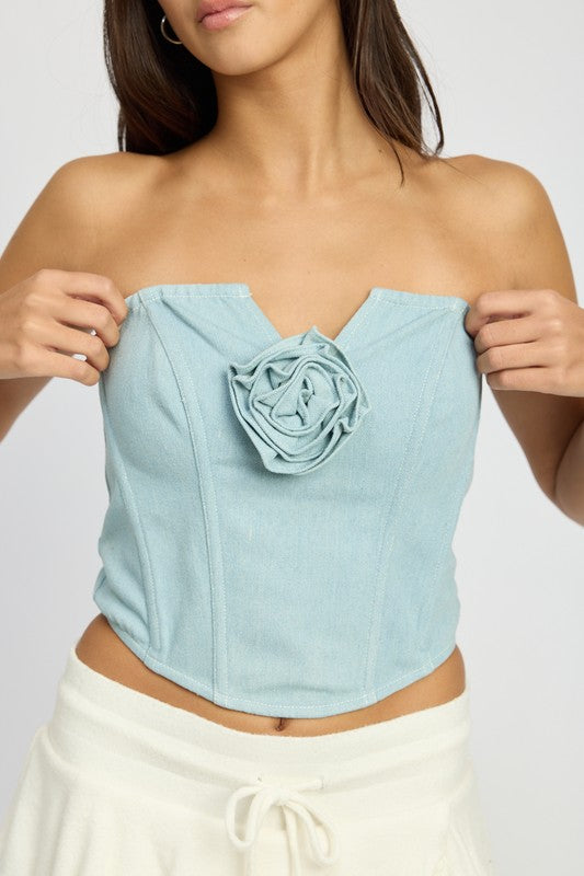 EMORY PARK DENIM ROSETTE CROP CORSET TUBE TOP