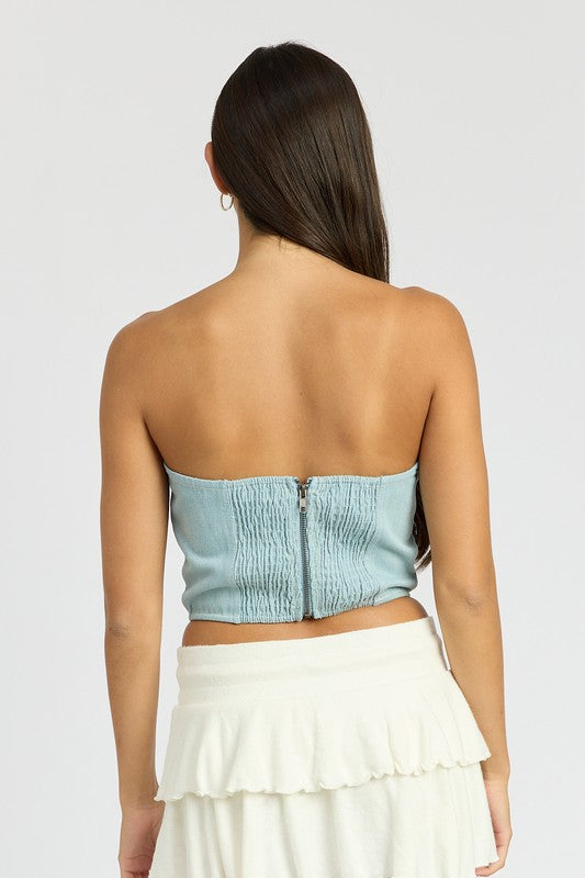 EMORY PARK DENIM ROSETTE CROP CORSET TUBE TOP