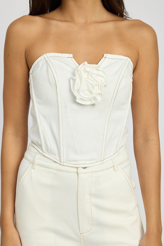 EMORY PARK DENIM CORSET TOP WITH ROSETTE DETAIL