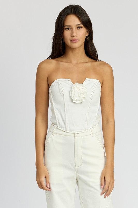 EMORY PARK DENIM CORSET TOP WITH ROSETTE DETAIL