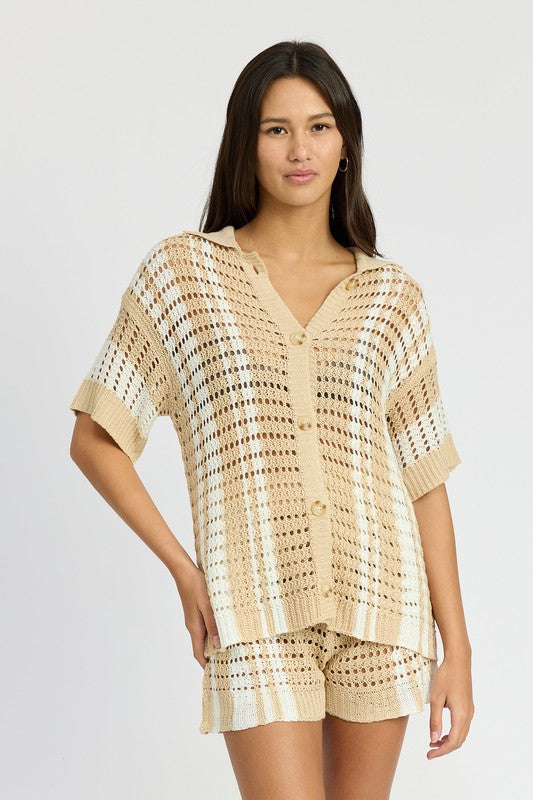 EMORY PARK BUTTON UP STRIPED CROCHET TOP