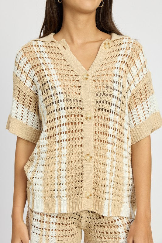 EMORY PARK BUTTON UP STRIPED CROCHET TOP