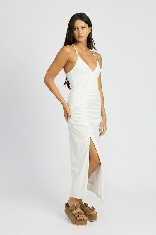 EMORY PARK RUCHED SATIN DRESS WITH CROSSED BACK IN 2 COLORS