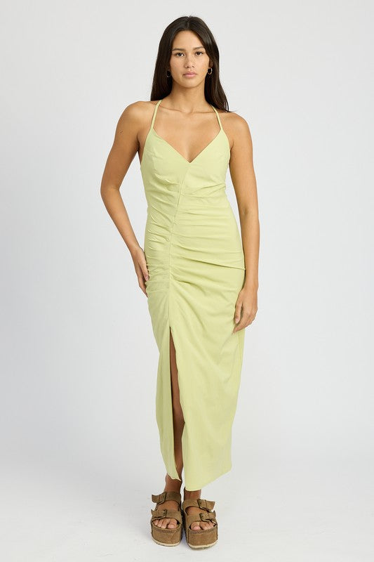 EMORY PARK RUCHED SATIN DRESS WITH CROSSED BACK IN 2 COLORS