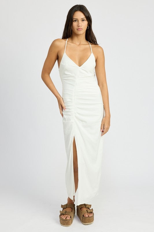 EMORY PARK RUCHED SATIN DRESS WITH CROSSED BACK IN 2 COLORS