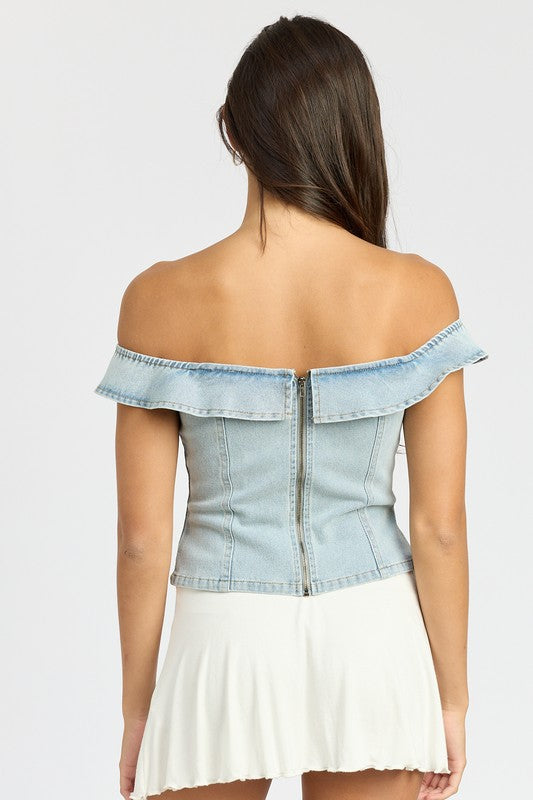 EMORY PARK OFF SHOUDER DENIM BUSTIER TOP WITH BACK ZIPPER