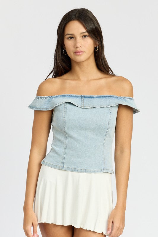 EMORY PARK OFF SHOUDER DENIM BUSTIER TOP WITH BACK ZIPPER