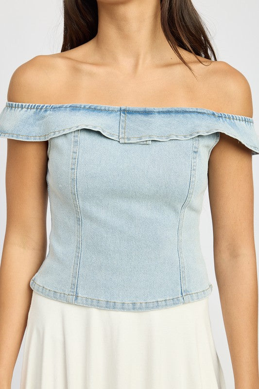 EMORY PARK OFF SHOUDER DENIM BUSTIER TOP WITH BACK ZIPPER