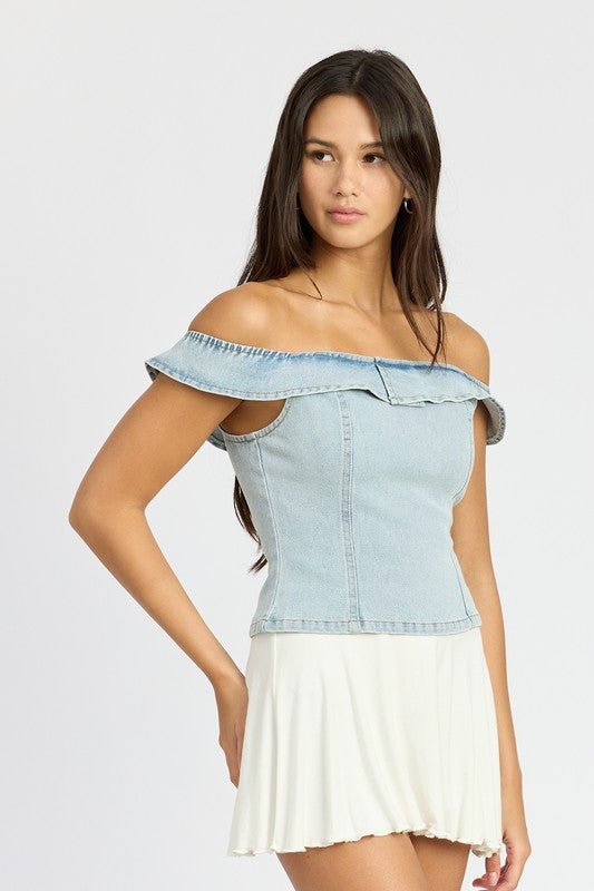 EMORY PARK OFF SHOUDER DENIM BUSTIER TOP WITH BACK ZIPPER