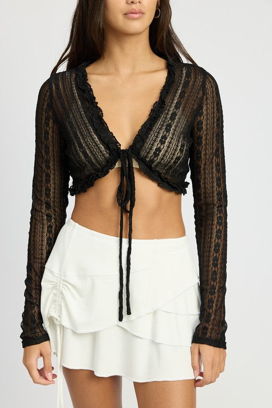 EMORY PARK LONG SLEEVE LACE TIE FRONT CROP TOP RUFFLE DETAIL