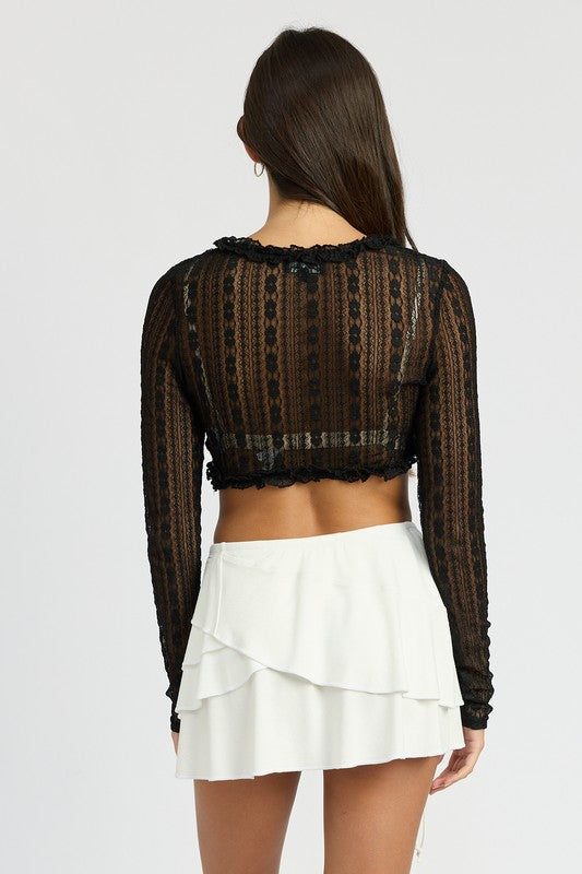 EMORY PARK LONG SLEEVE LACE TIE FRONT CROP TOP RUFFLE DETAIL