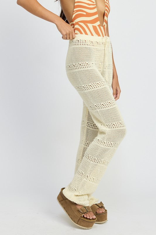 EMORY PARK OPEN KNIT CROCHET PANTS WITH DRAWSTRINGS