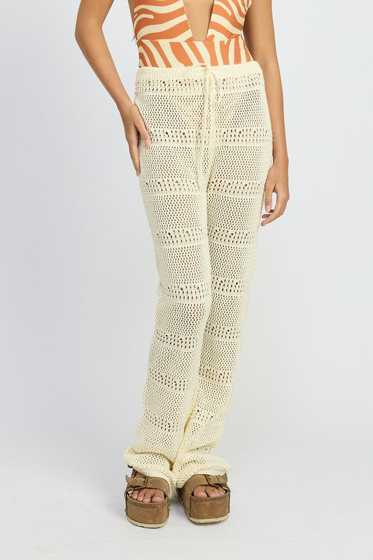 EMORY PARK OPEN KNIT CROCHET PANTS WITH DRAWSTRINGS