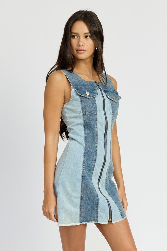 EMORY PARK COLOR BLOCK DENIM SLEEVELESS MINI DRESS