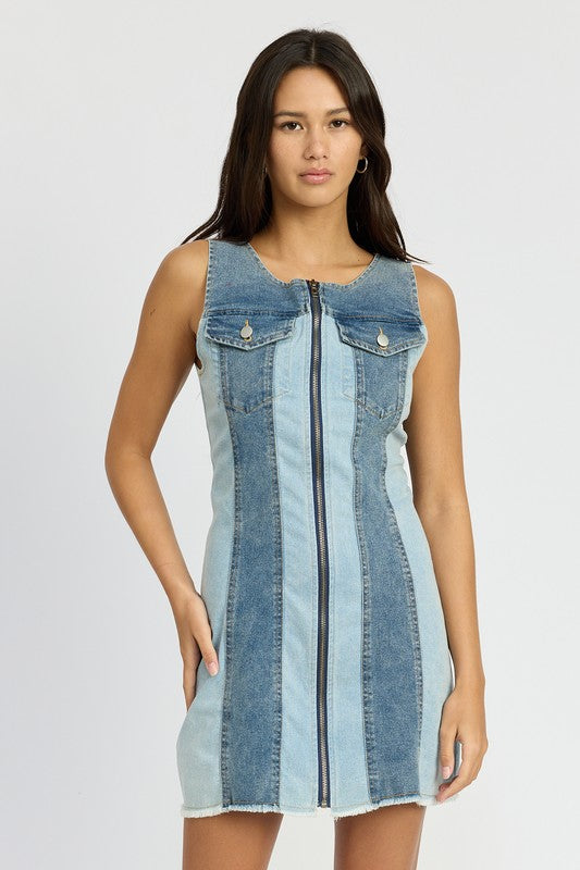 EMORY PARK COLOR BLOCK DENIM SLEEVELESS MINI DRESS