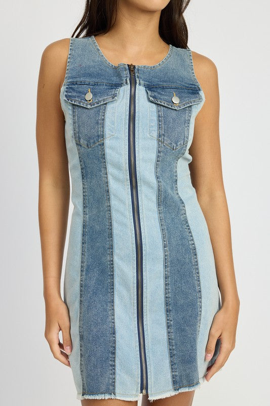 EMORY PARK COLOR BLOCK DENIM SLEEVELESS MINI DRESS